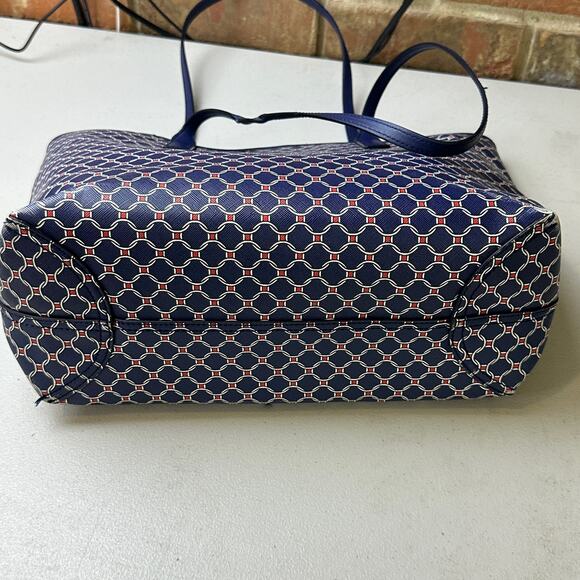 Talbots Printed Saffiano Tote Bag Blue White Red Weave - Picture 9 of 15